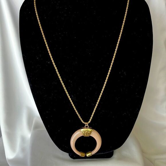 Gold Tone Rope Necklace with Blush Pink Horseshoe Pendant - Picture 1 of 6